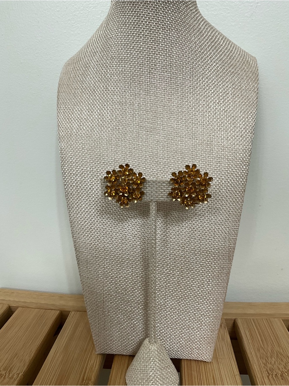 Vintage Coro Amber Rhinestone Flower Cluster Clip-On Earrings 1950s 60s
